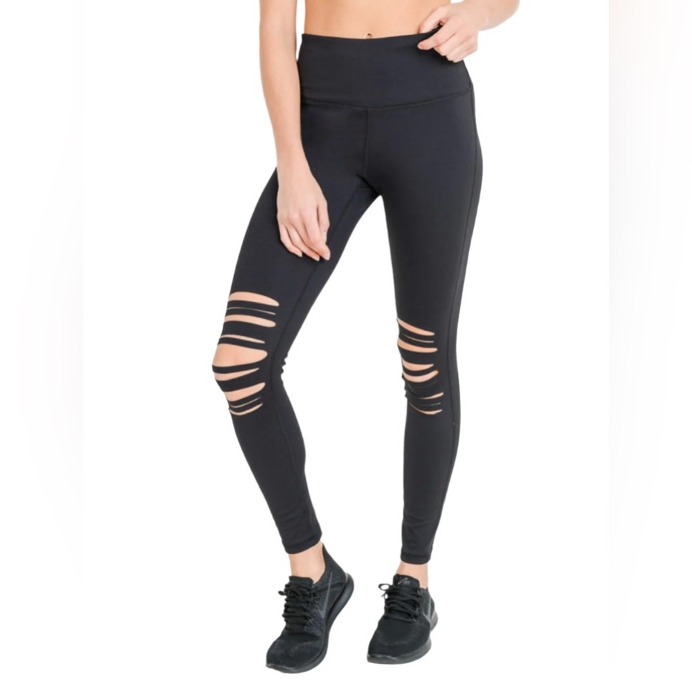 NWT - Mono B - Black Shredded Knee Laser-Cut High Waist Leggings - Womans Large